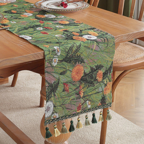 Vintage Style Jacquard Table Runner Tablerunner Tassels 30cm x 180cm Green Floral