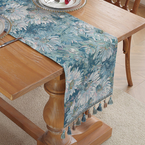 Vintage Style Jacquard Table Runner Tablerunner Tassels 30cm x 180cm Blue Floral