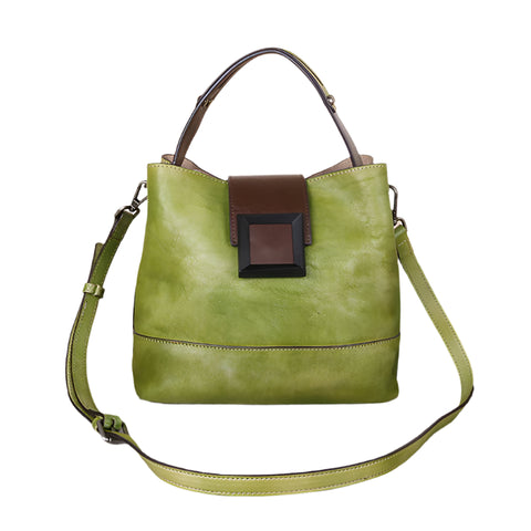 Genuine Leather Bucket Crossbody Shoulder Bag Handbag Top Handle Flap Green