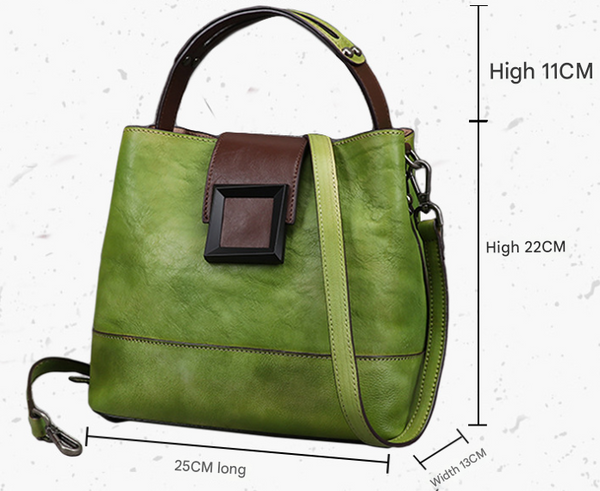 Genuine Leather Bucket Crossbody Shoulder Bag Handbag Top Handle Flap Green