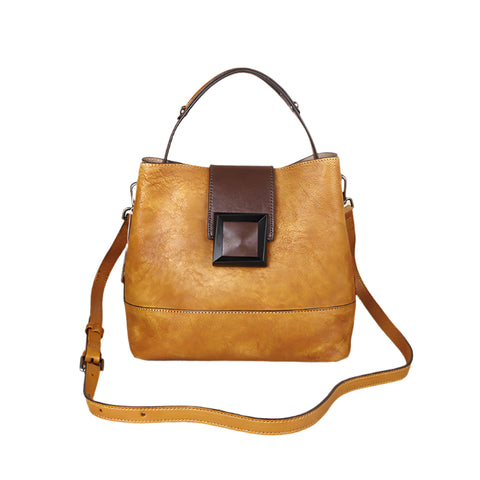 Genuine Leather Bucket Crossbody Shoulder Bag Handbag Top Handle Flap Yellow