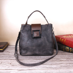 Genuine Leather Bucket Crossbody Shoulder Bag Handbag Top Handle Flap Grey