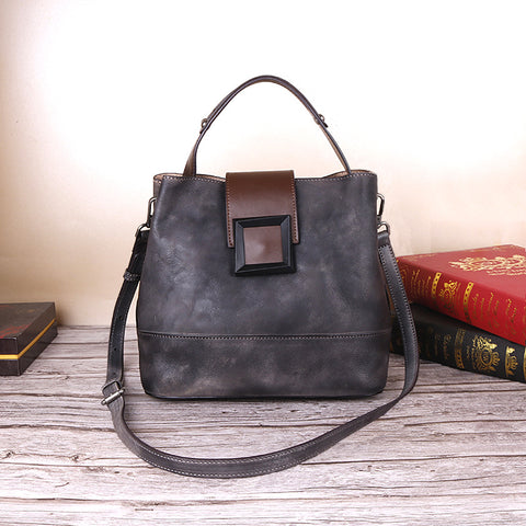 Genuine Leather Bucket Crossbody Shoulder Bag Handbag Top Handle Flap Grey