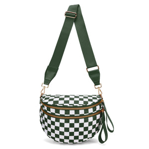 Checkered Crescent Sling Crossbody Purse Bag Handbag Wide Strap Black White