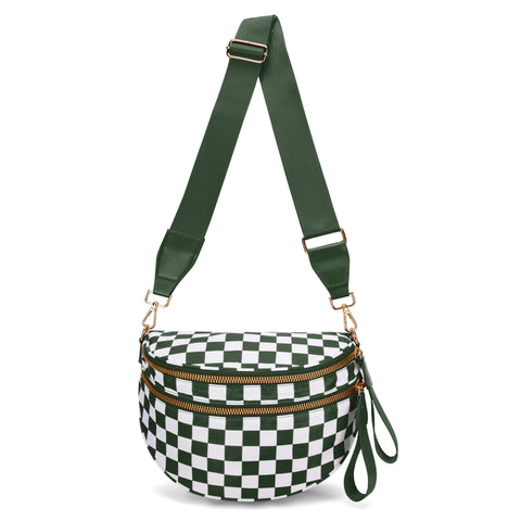 Checkered Crescent Sling Crossbody Purse Bag Handbag Wide Strap Black White