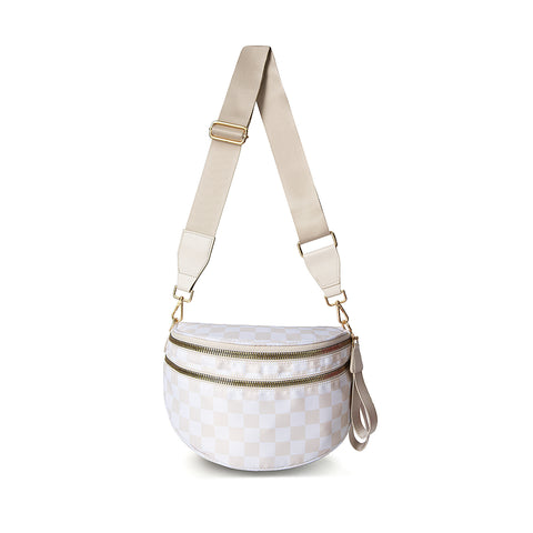 Checkered Crescent Sling Crossbody Purse Bag Handbag Wide Strap Beige