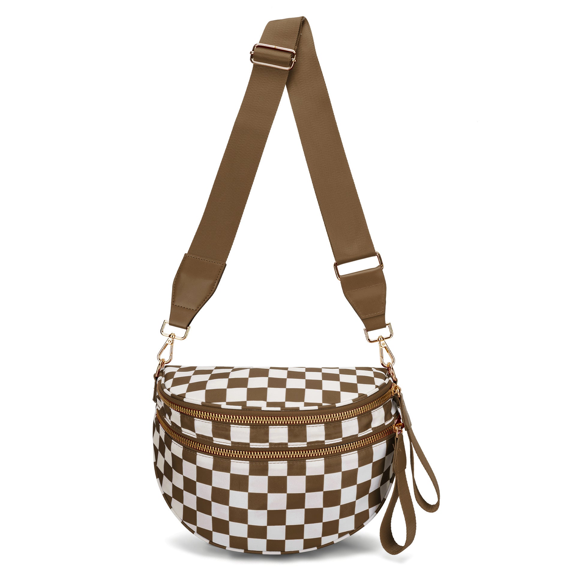 Checkered Crescent Sling Crossbody Purse Bag Handbag Wide Strap Brown