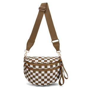 Checkered Crescent Sling Crossbody Purse Bag Handbag Wide Strap Brown