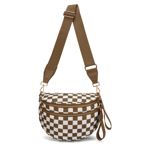 Checkered Crescent Sling Crossbody Purse Bag Handbag Wide Strap Brown