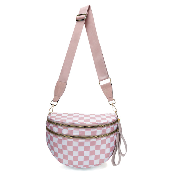 Checkered Crescent Sling Crossbody Purse Bag Handbag Wide Strap Pink