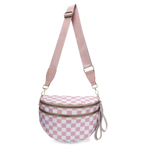 Checkered Crescent Sling Crossbody Purse Bag Handbag Wide Strap Pink