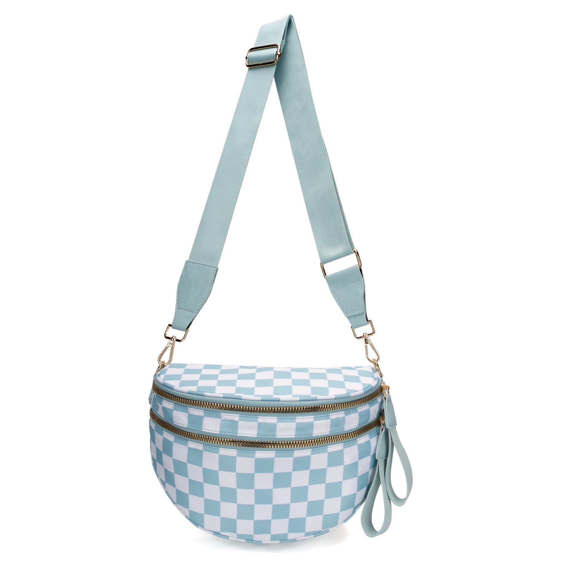 Checkered Crescent Sling Crossbody Purse Bag Handbag Wide Strap Blue