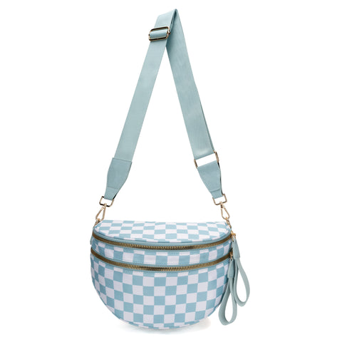 Checkered Crescent Sling Crossbody Purse Bag Handbag Wide Strap Blue
