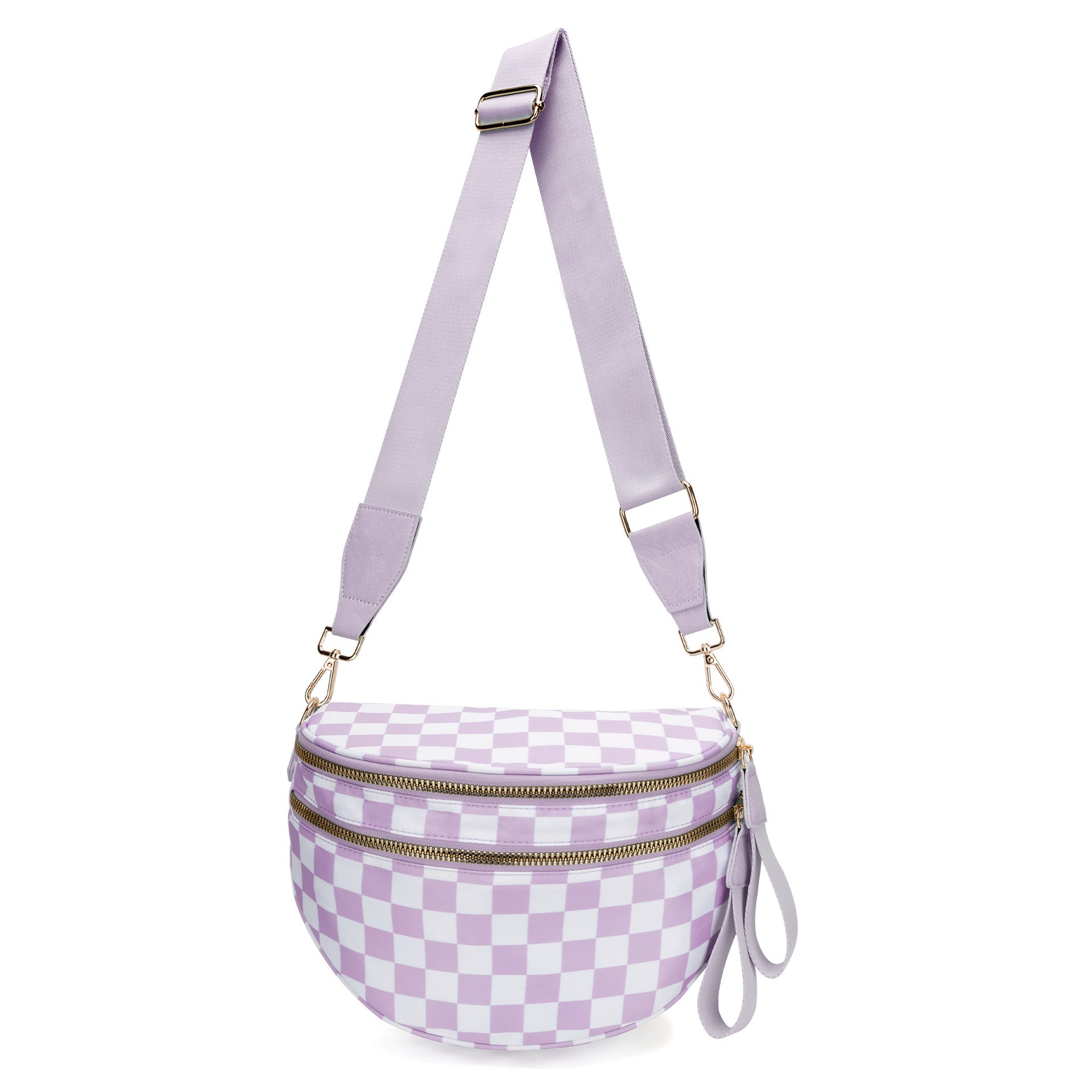 Checkered Crescent Sling Crossbody Purse Bag Handbag Wide Strap Purple Lilac