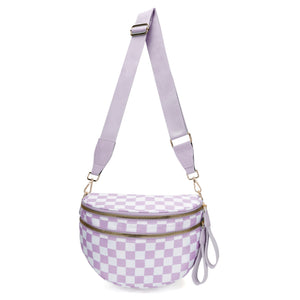 Checkered Crescent Sling Crossbody Purse Bag Handbag Wide Strap Purple Lilac