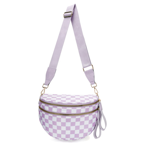 Checkered Crescent Sling Crossbody Purse Bag Handbag Wide Strap Purple Lilac