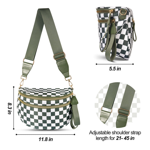 Checkered Crescent Sling Crossbody Purse Bag Handbag Wide Strap Purple Lilac