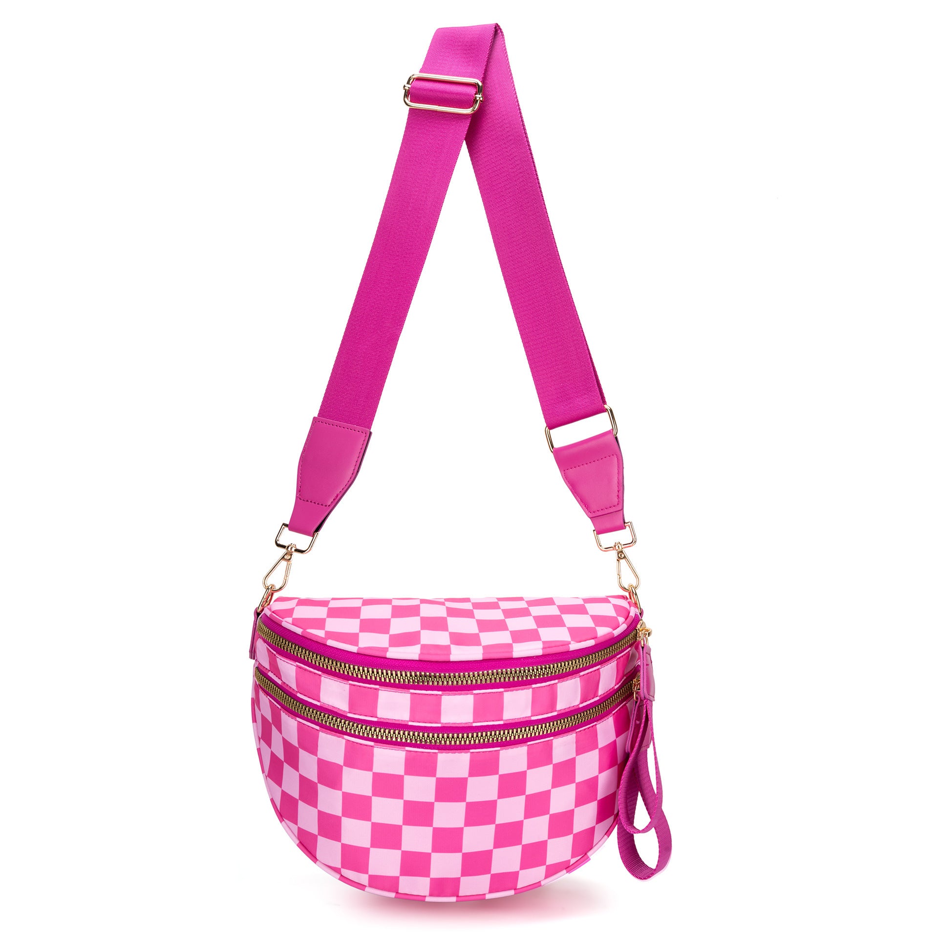 Checkered Crescent Sling Crossbody Purse Bag Handbag Wide Strap Rose Pink