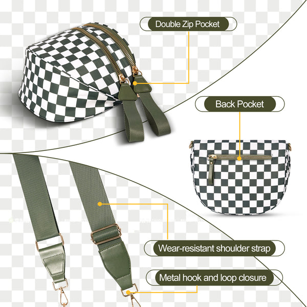 Checkered Crescent Sling Crossbody Purse Bag Handbag Wide Strap Rose Pink