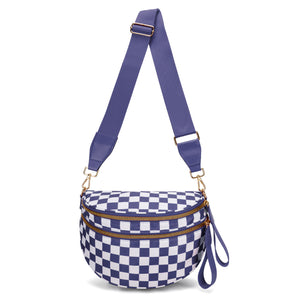 Checkered Crescent Sling Crossbody Purse Bag Handbag Wide Strap Purple