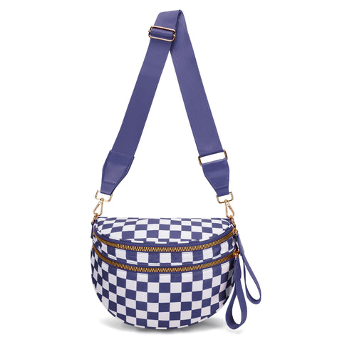 Checkered Crescent Sling Crossbody Purse Bag Handbag Wide Strap Purple