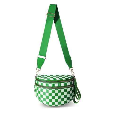Checkered Crescent Sling Crossbody Purse Bag Handbag Wide Strap Green