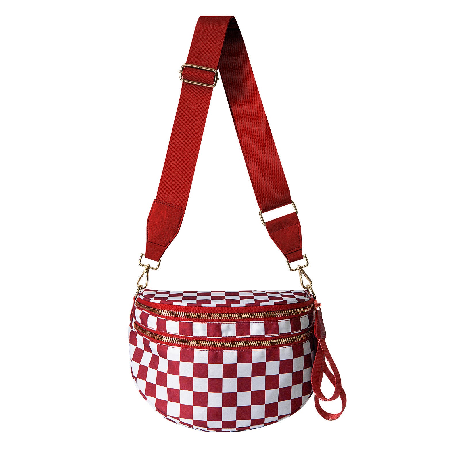 Checkered Crescent Sling Crossbody Purse Bag Handbag Wide Strap Red