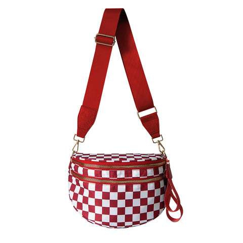 Checkered Crescent Sling Crossbody Purse Bag Handbag Wide Strap Red