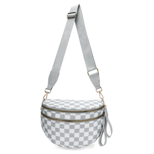 Checkered Crescent Sling Crossbody Purse Bag Handbag Wide Strap Grey