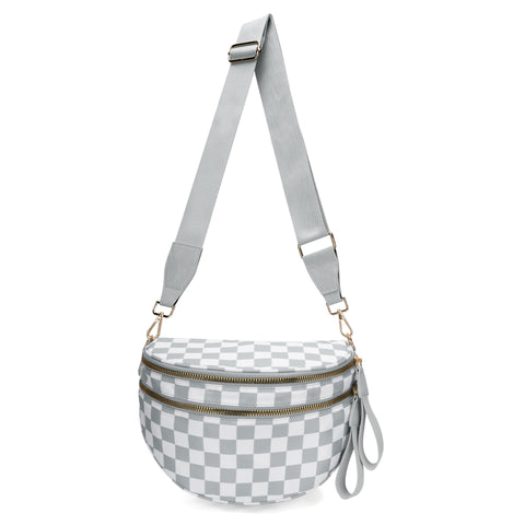Checkered Crescent Sling Crossbody Purse Bag Handbag Wide Strap Grey