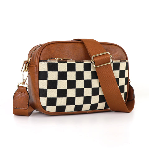 Chevron Quilted PU Leather Crossbody Bag Adjustable Strap Double Zip Brown White