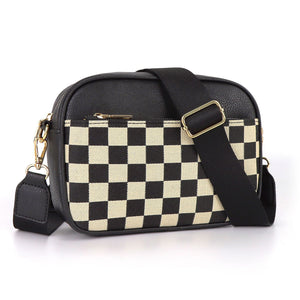Chevron Quilted PU Leather Crossbody Bag Adjustable Strap Double Zip Black White