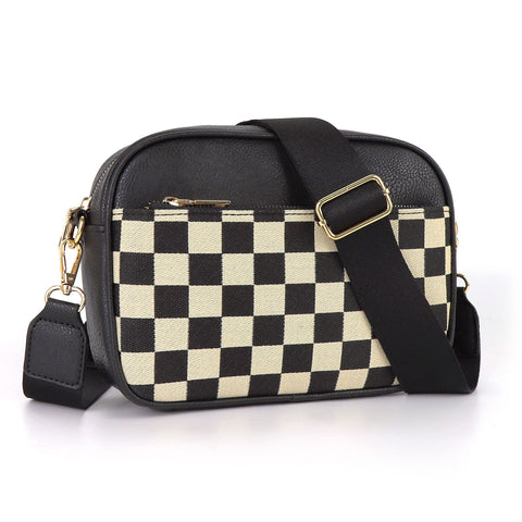 Chevron Quilted PU Leather Crossbody Bag Adjustable Strap Double Zip Black White