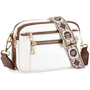 Chevron Quilted PU Leather Crossbody Bag Adjustable Strap Double Zip Brown White