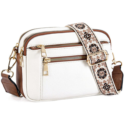 Chevron Quilted PU Leather Crossbody Bag Adjustable Strap Double Zip Brown White