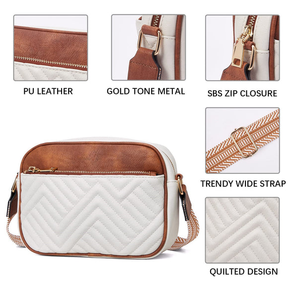 Chevron Quilted PU Leather Crossbody Bag Adjustable Strap Double Zip Brown White