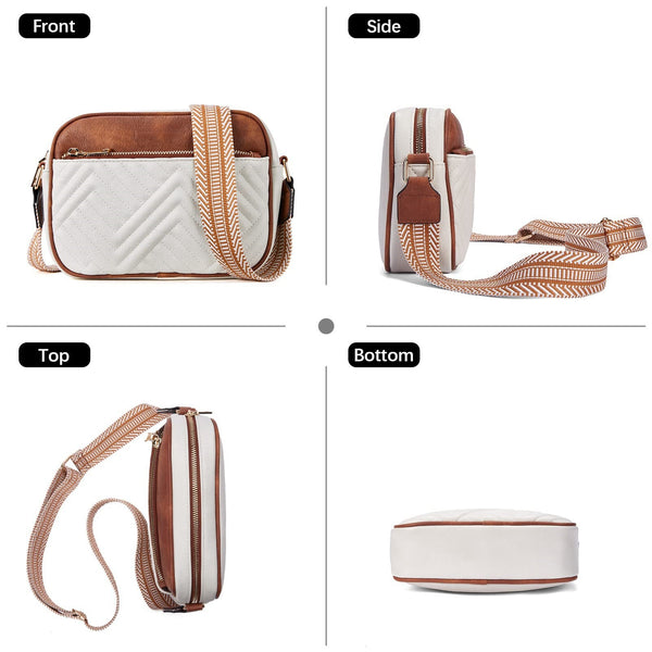 Chevron Quilted PU Leather Crossbody Bag Adjustable Strap Double Zip Brown White