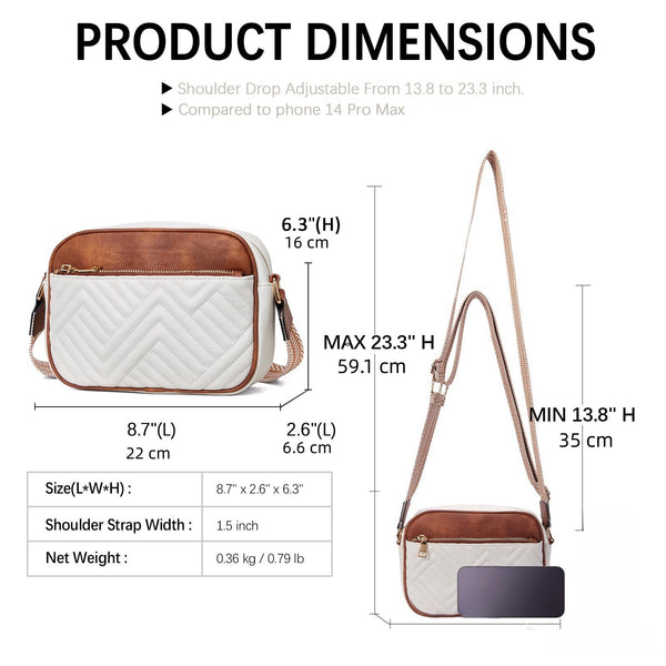 Chevron Quilted PU Leather Crossbody Bag Adjustable Strap Double Zip Brown White