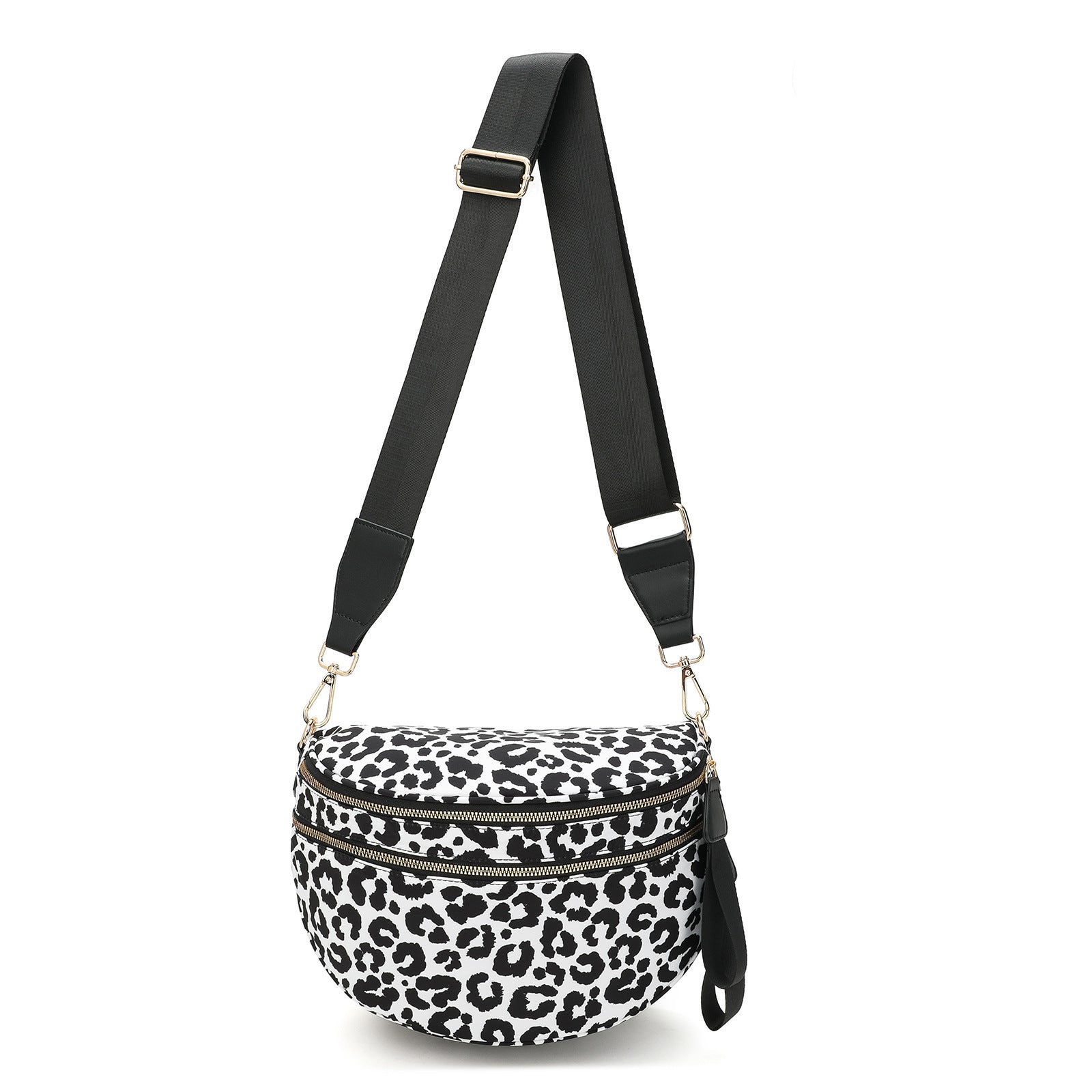 Leopard Print Crescent Sling Crossbody Purse Bag Handbag Wide Strap Black White