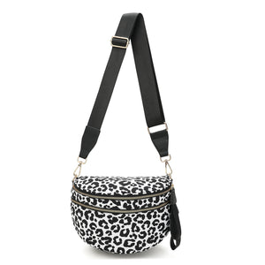 Leopard Print Crescent Sling Crossbody Purse Bag Handbag Wide Strap Black White