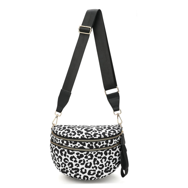 Leopard Print Crescent Sling Crossbody Purse Bag Handbag Wide Strap Black White