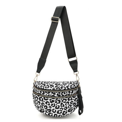 Leopard Print Crescent Sling Crossbody Purse Bag Handbag Wide Strap Black White