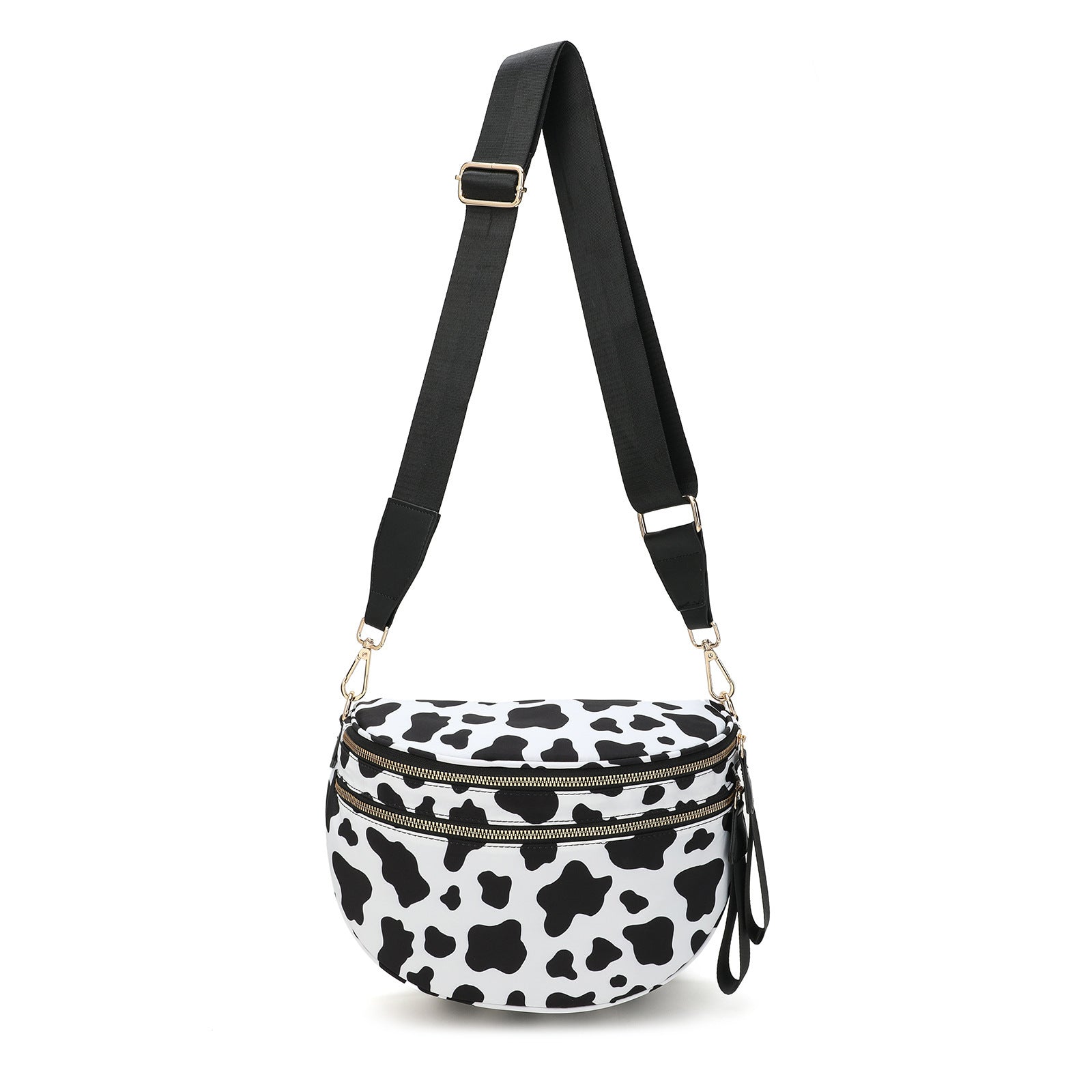 Cow Print Crescent Sling Crossbody Purse Bag Handbag Wide Strap Black White