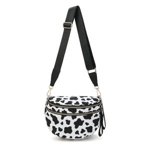 Cow Print Crescent Sling Crossbody Purse Bag Handbag Wide Strap Black White