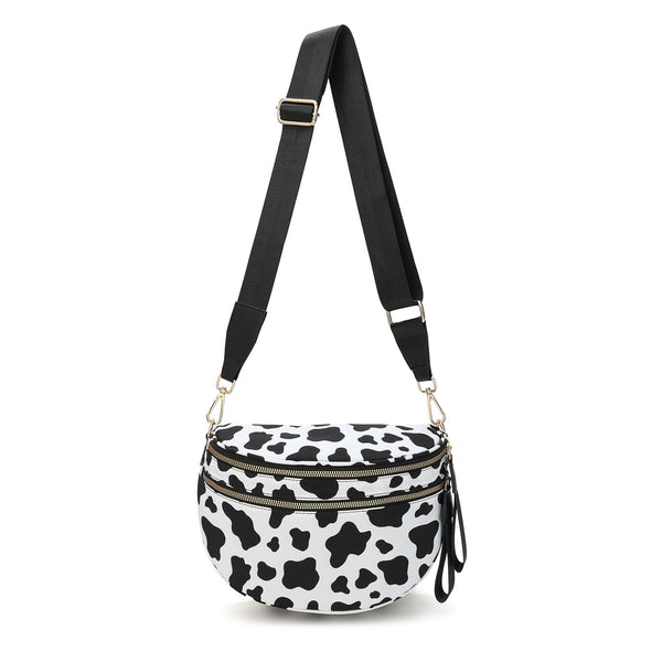 Cow Print Crescent Sling Crossbody Purse Bag Handbag Wide Strap Black White
