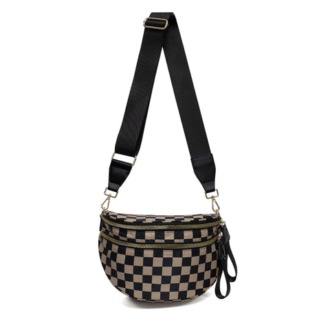 Checkered Crescent Sling Crossbody Purse Bag Handbag Wide Strap Black Brown