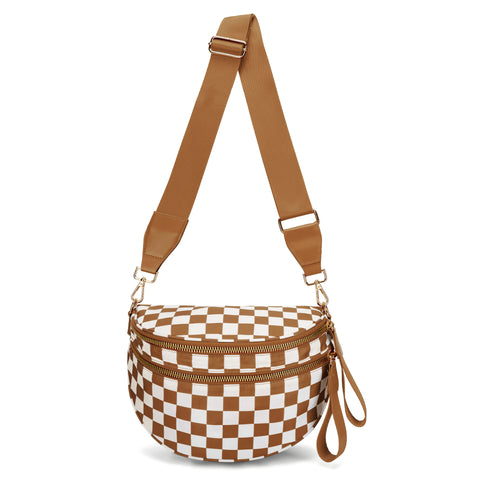 Checkered Crescent Sling Crossbody Purse Bag Handbag Wide Strap Brown White