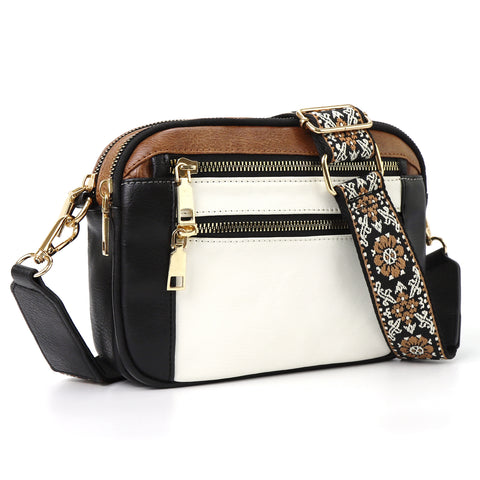 Chevron Quilted PU Leather Crossbody Bag Adjustable Strap Double Zip Black White Brown