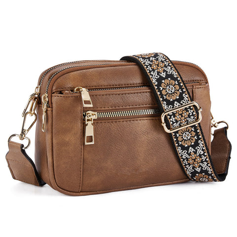 Chevron Quilted PU Leather Crossbody Bag Adjustable Strap Double Zip Brown