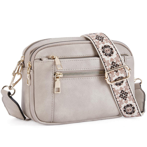 Chevron Quilted PU Leather Crossbody Bag Adjustable Strap Double Zip Grey